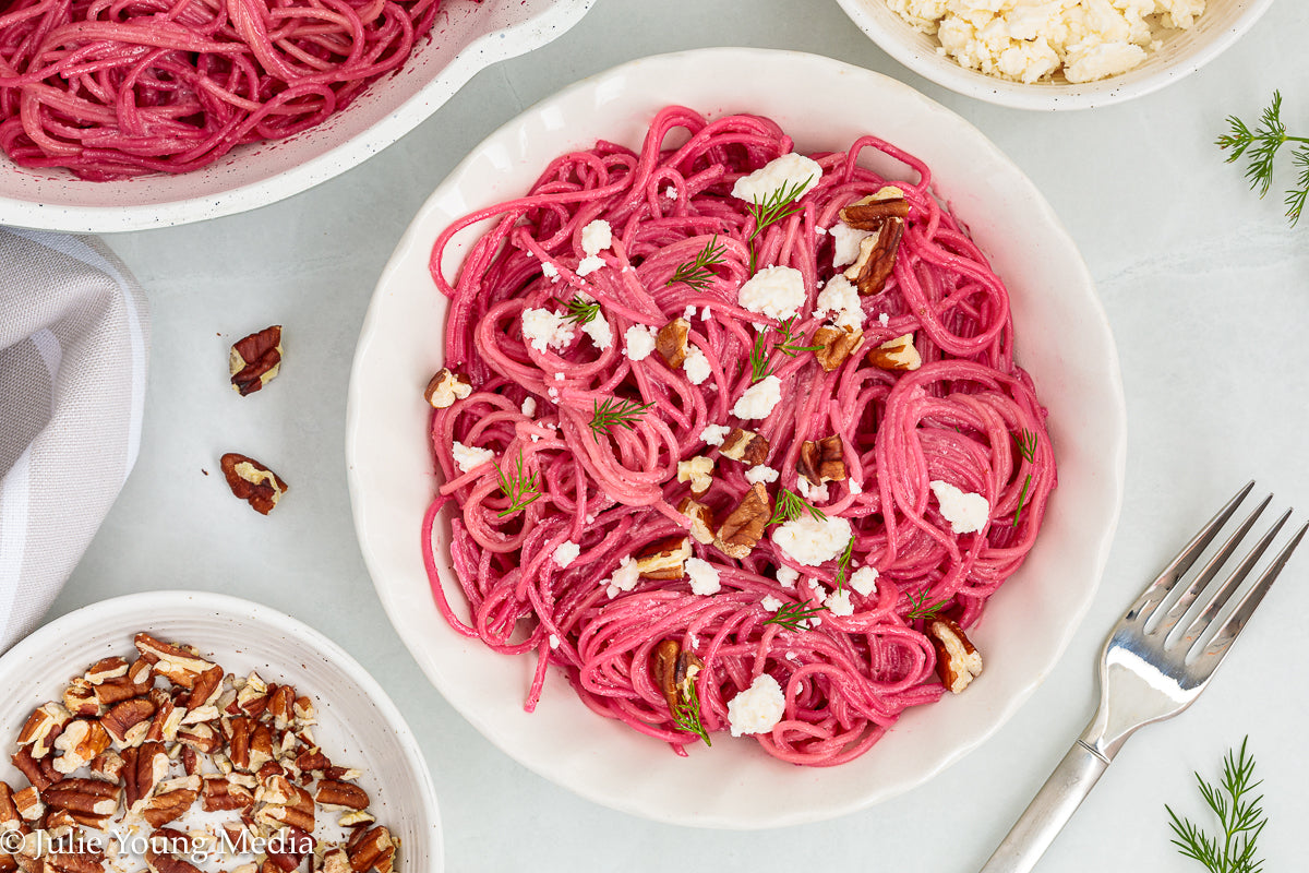 Pasta with Creamy Beet Pesto, Walnuts & Feta