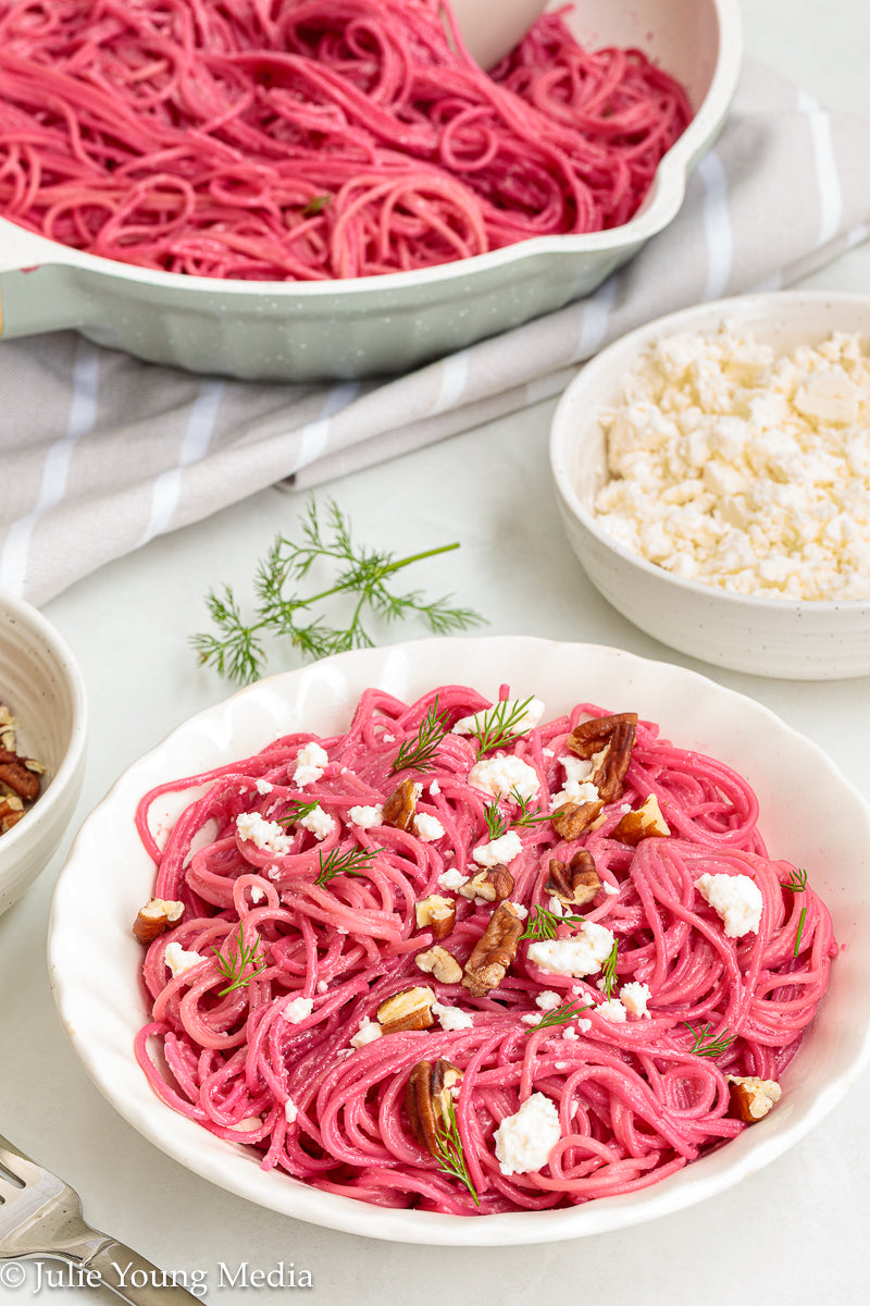 Pasta with Creamy Beet Pesto, Walnuts & Feta