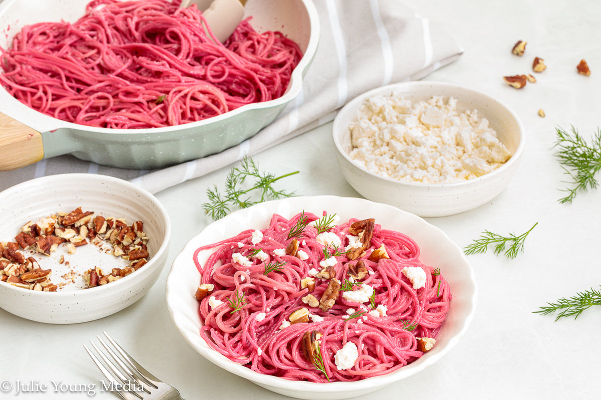 Pasta with Creamy Beet Pesto, Walnuts & Feta