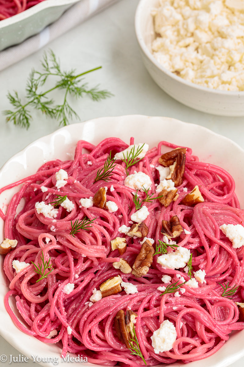 Pasta with Creamy Beet Pesto, Walnuts & Feta
