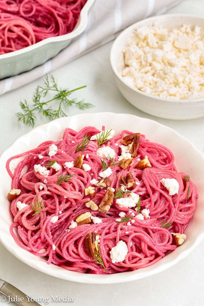Pasta with Creamy Beet Pesto, Walnuts & Feta