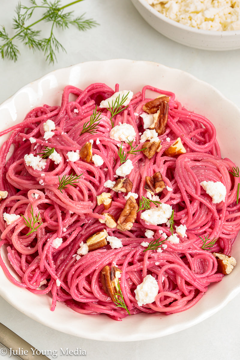 Pasta with Creamy Beet Pesto, Walnuts & Feta