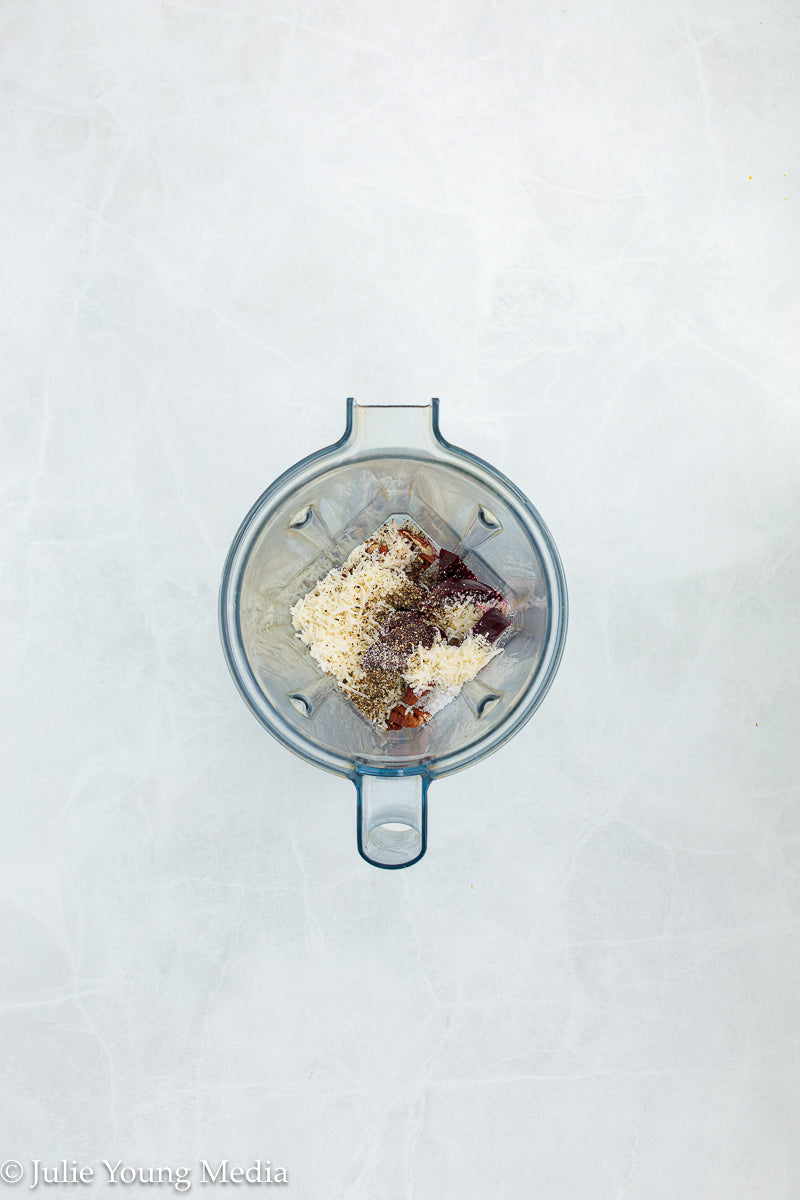 Pasta with Creamy Beet Pesto, Walnuts & Feta