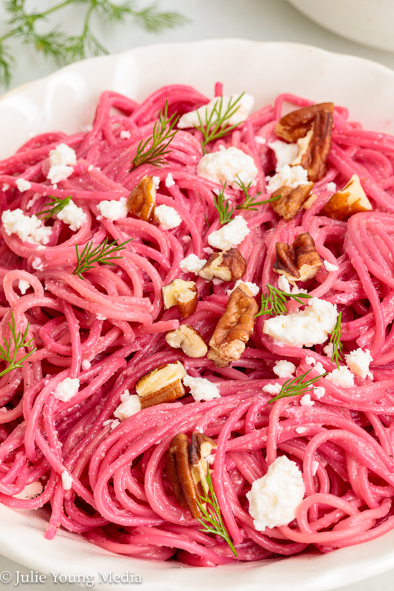 Pasta with Creamy Beet Pesto, Walnuts & Feta