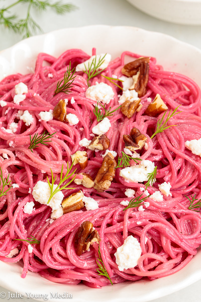 Pasta with Creamy Beet Pesto, Walnuts & Feta