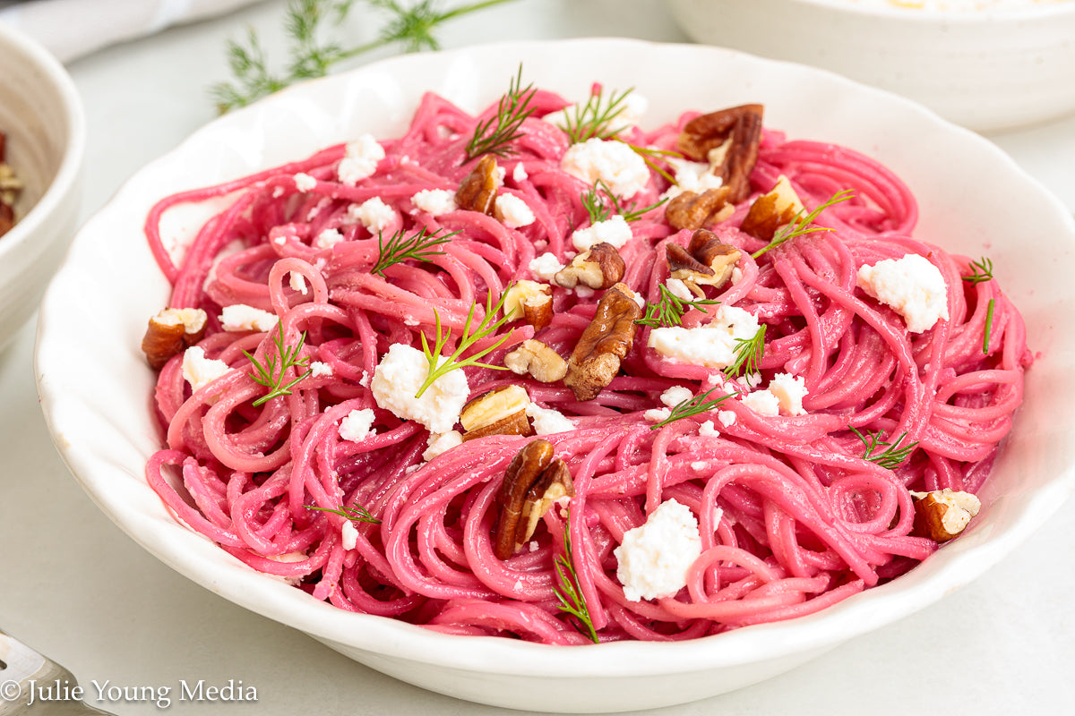 Pasta with Creamy Beet Pesto, Walnuts & Feta