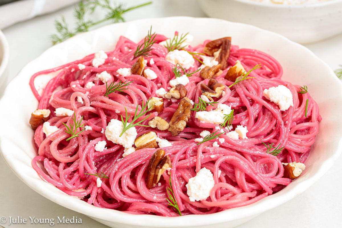 Pasta with Creamy Beet Pesto, Walnuts & Feta