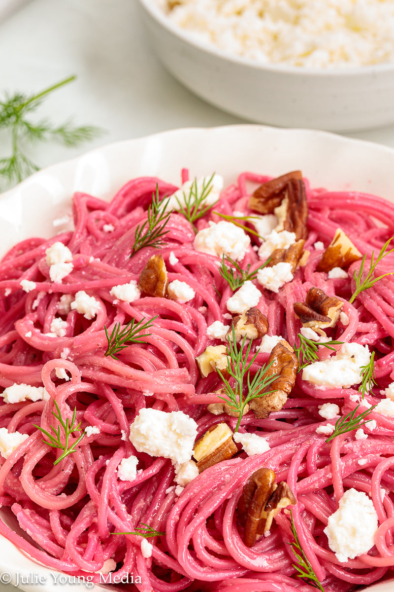 Pasta with Creamy Beet Pesto, Walnuts & Feta