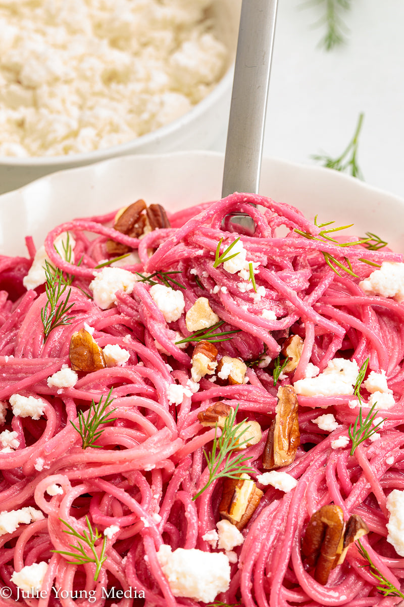 Pasta with Creamy Beet Pesto, Walnuts & Feta