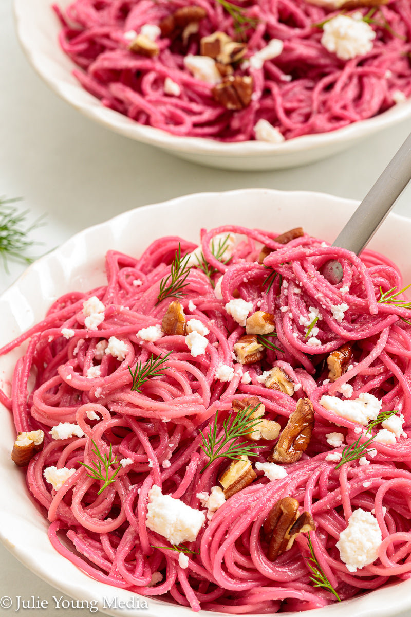 Pasta with Creamy Beet Pesto, Walnuts & Feta