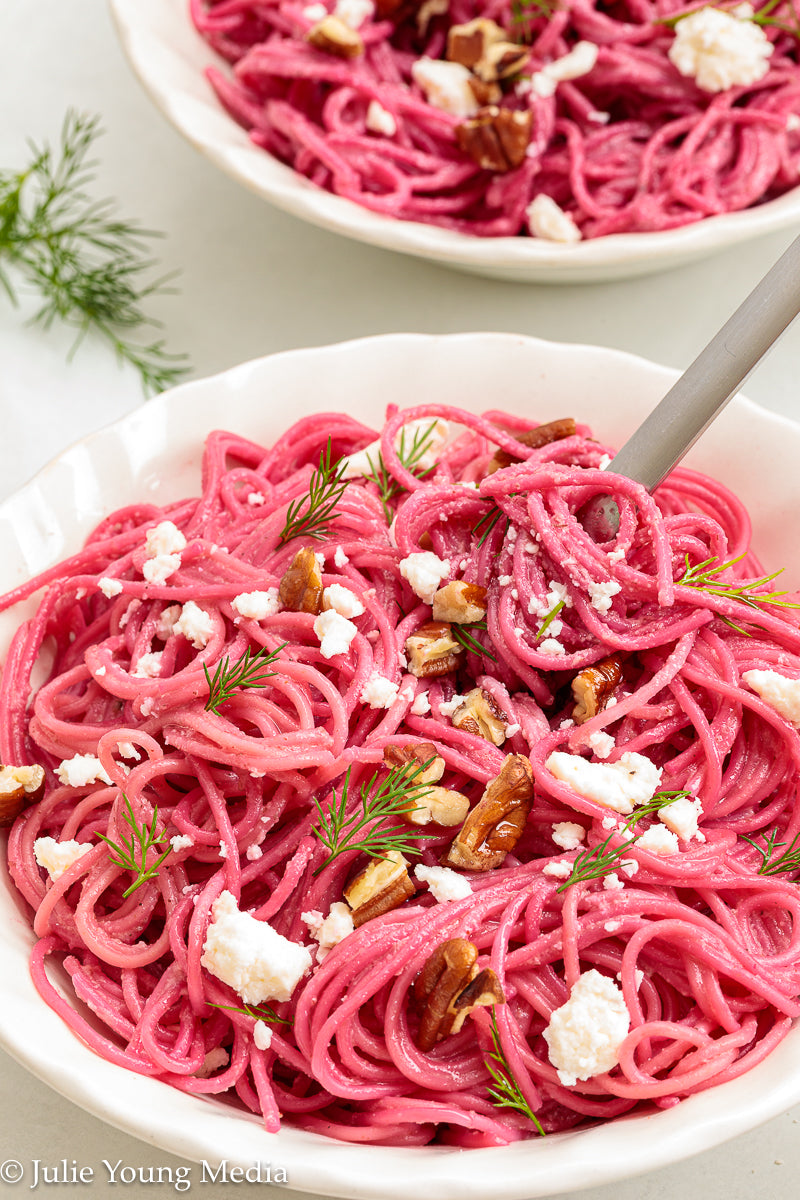 Pasta with Creamy Beet Pesto, Walnuts & Feta