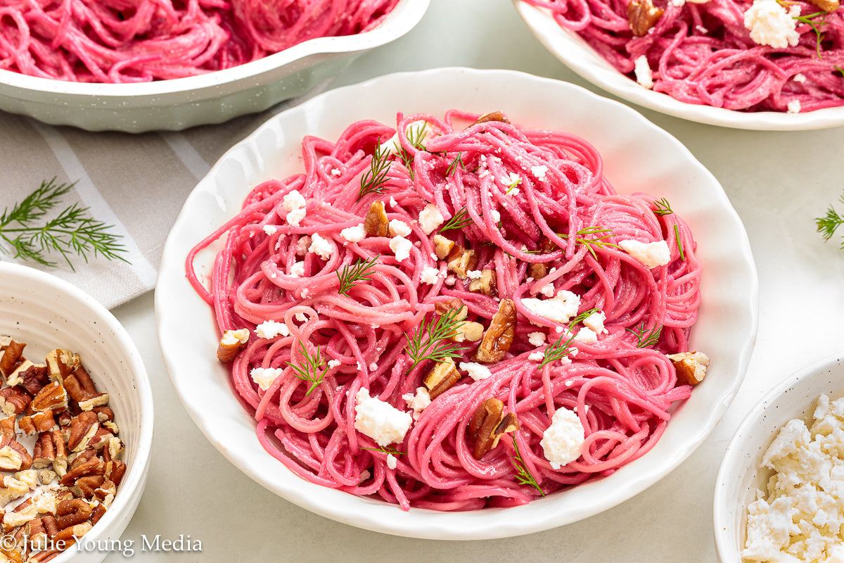 Pasta with Creamy Beet Pesto, Walnuts & Feta