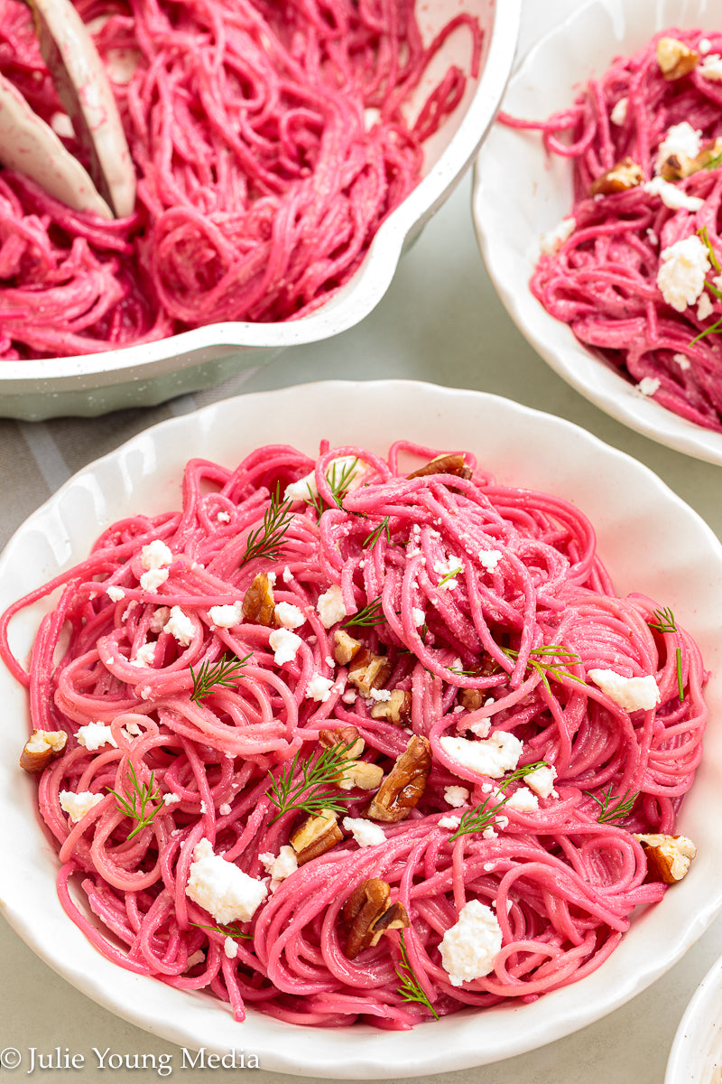 Pasta with Creamy Beet Pesto, Walnuts & Feta