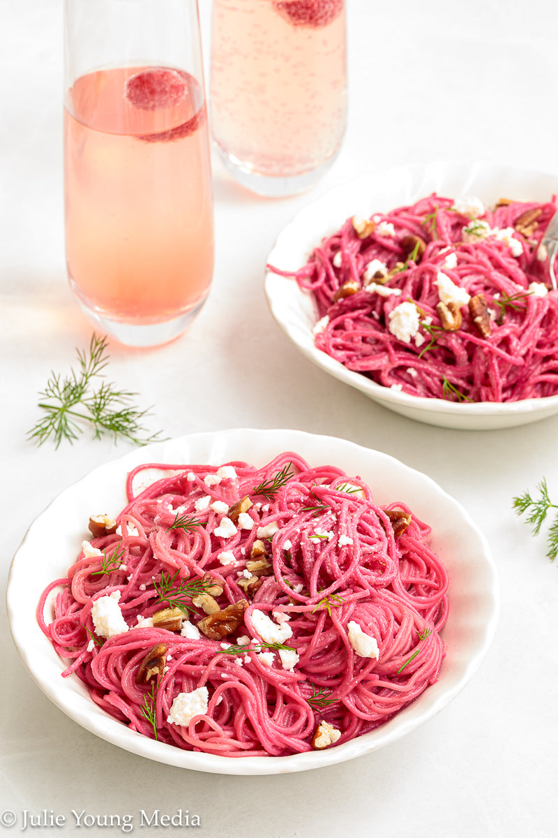 Pasta with Creamy Beet Pesto, Walnuts & Feta