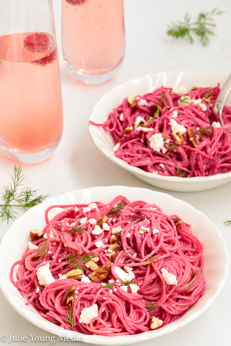 Pasta with Creamy Beet Pesto, Walnuts & Feta