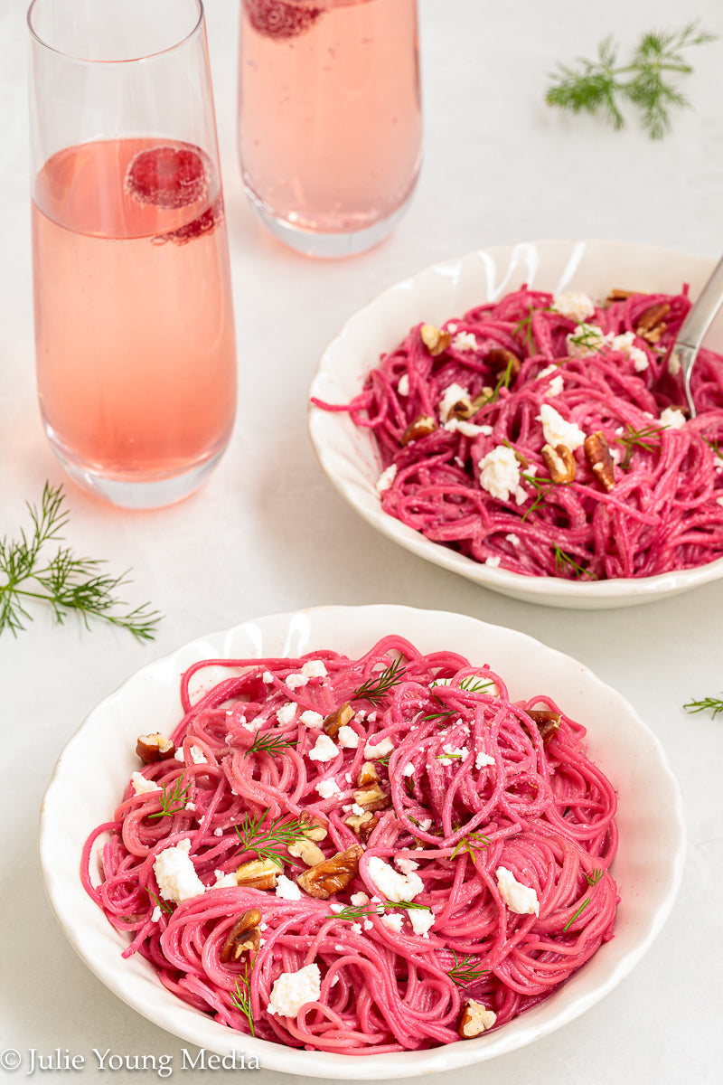 Pasta with Creamy Beet Pesto, Walnuts & Feta