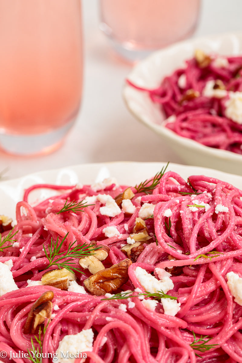 Pasta with Creamy Beet Pesto, Walnuts & Feta
