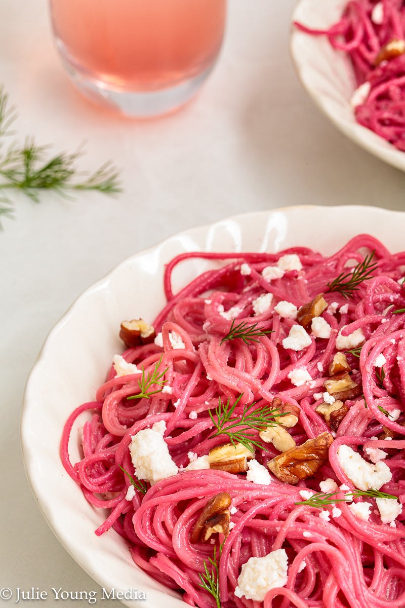 Pasta with Creamy Beet Pesto, Walnuts & Feta