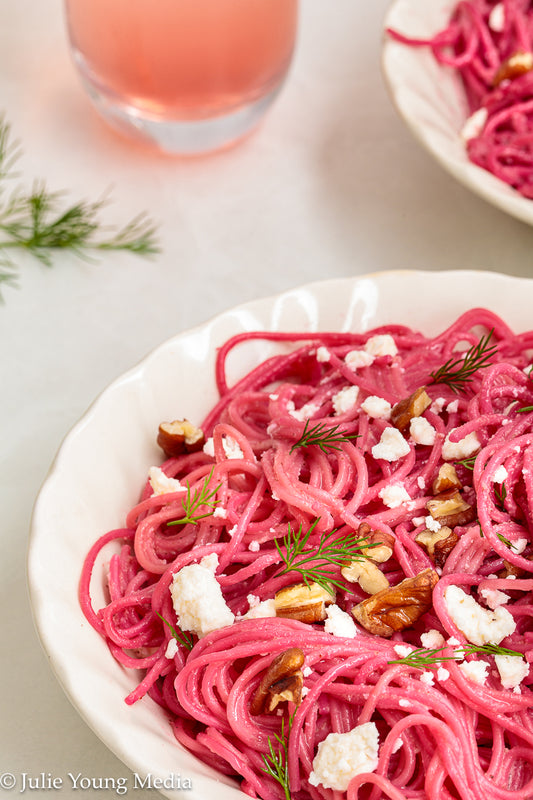 Pasta with Creamy Beet Pesto, Walnuts & Feta