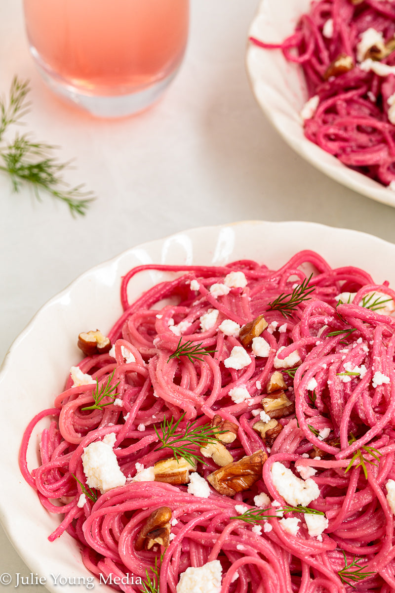 Pasta with Creamy Beet Pesto, Walnuts & Feta