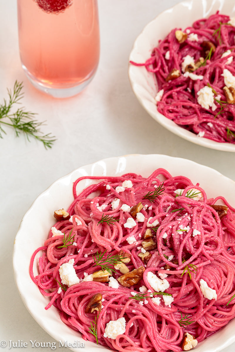 Pasta with Creamy Beet Pesto, Walnuts & Feta