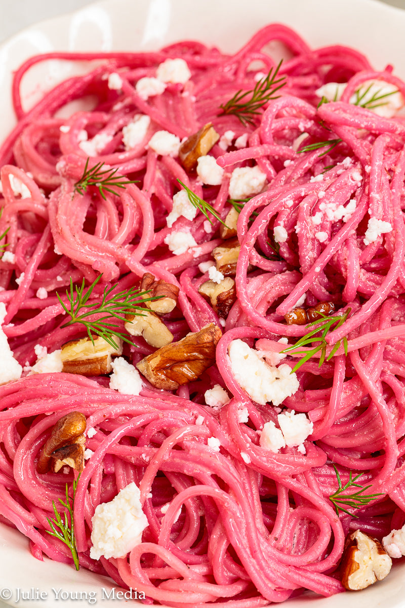 Pasta with Creamy Beet Pesto, Walnuts & Feta