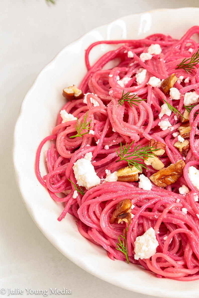 Pasta with Creamy Beet Pesto, Walnuts & Feta