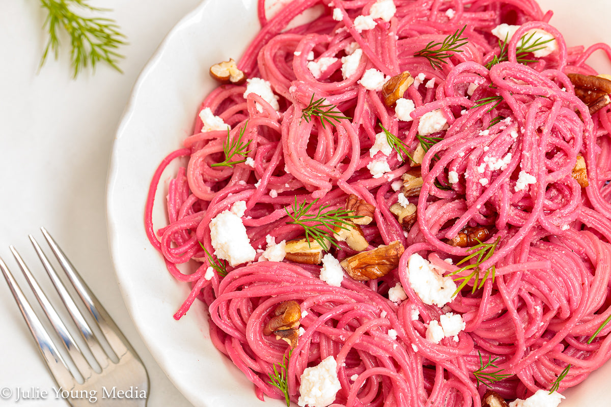 Pasta with Creamy Beet Pesto, Walnuts & Feta
