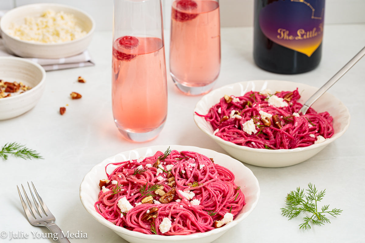Pasta with Creamy Beet Pesto, Walnuts & Feta