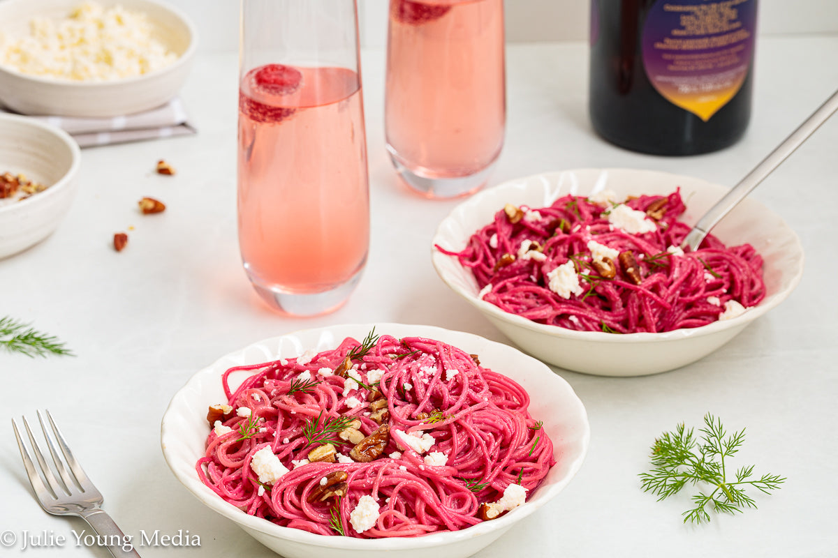 Pasta with Creamy Beet Pesto, Walnuts & Feta