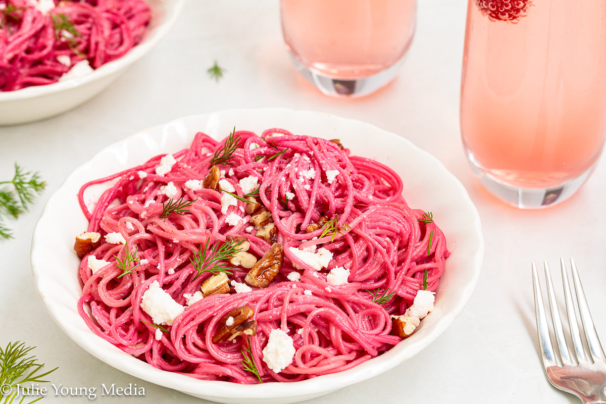 Pasta with Creamy Beet Pesto, Walnuts & Feta