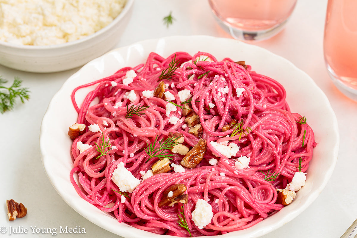 Pasta with Creamy Beet Pesto, Walnuts & Feta