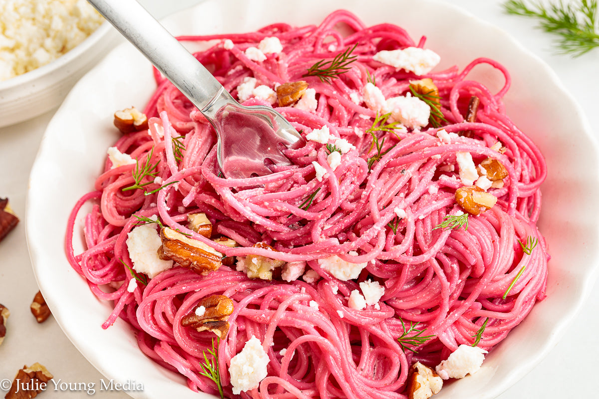 Pasta with Creamy Beet Pesto, Walnuts & Feta