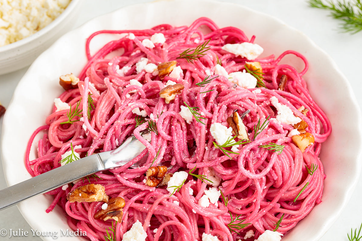 Pasta with Creamy Beet Pesto, Walnuts & Feta