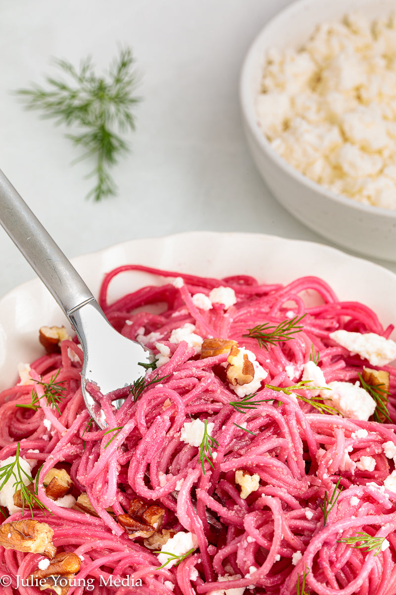 Pasta with Creamy Beet Pesto, Walnuts & Feta