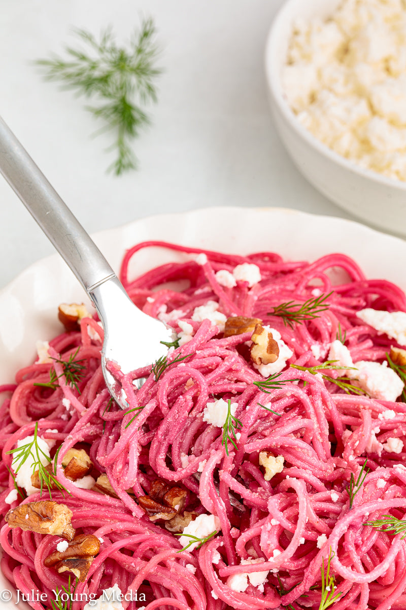 Pasta with Creamy Beet Pesto, Walnuts & Feta