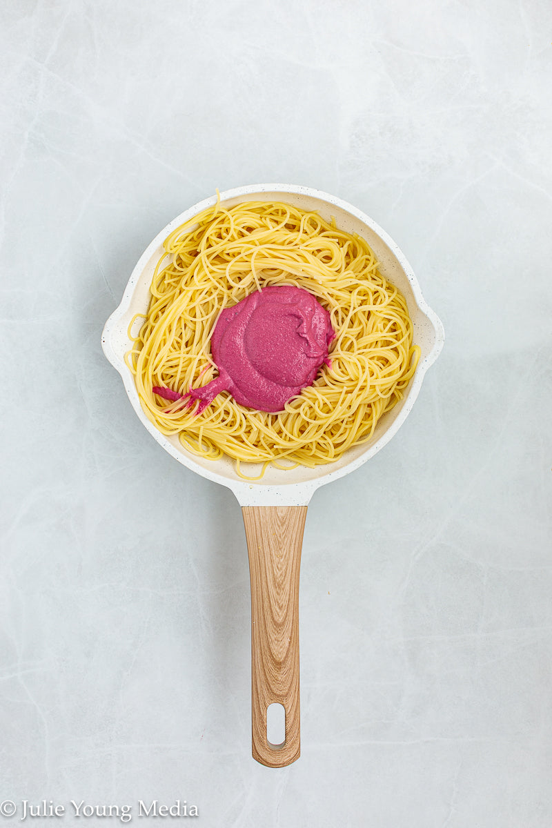 Pasta with Creamy Beet Pesto, Walnuts & Feta