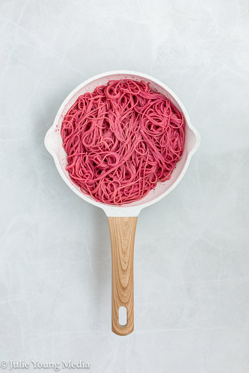 Pasta with Creamy Beet Pesto, Walnuts & Feta