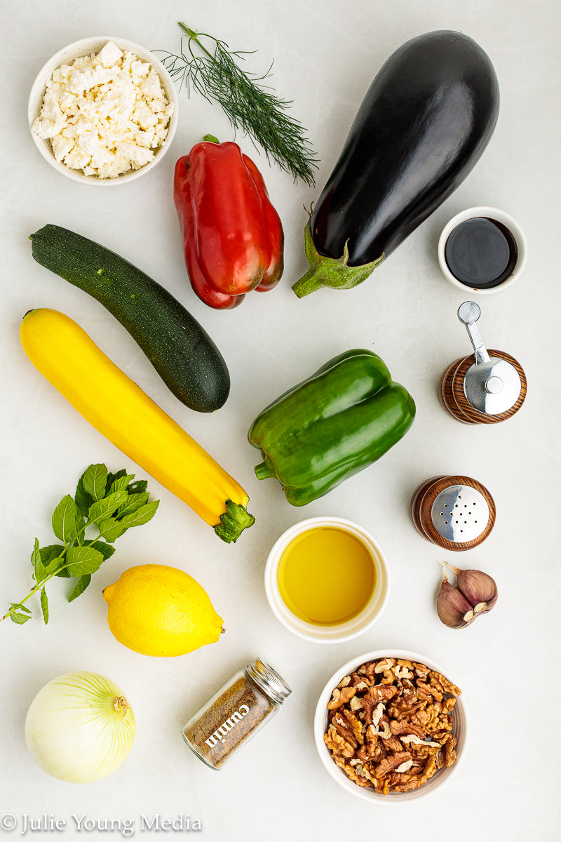 Charred Mediterranean Vegetables with Feta, Herbs, Walnuts & Pomegranate Molasses