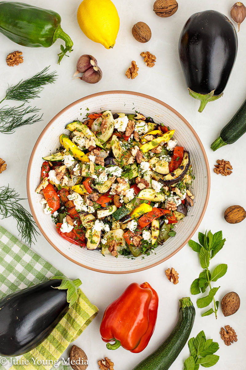 Charred Mediterranean Vegetables with Feta, Herbs, Walnuts & Pomegranate Molasses