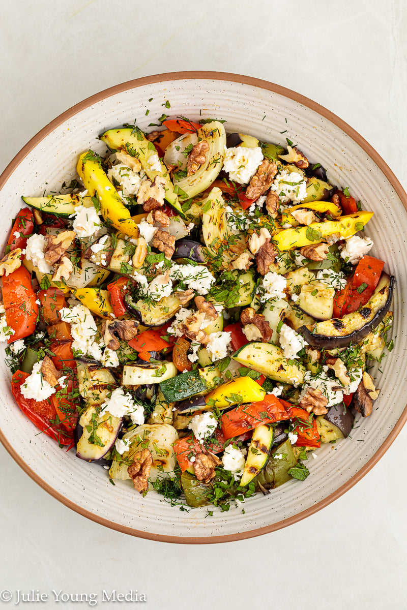 Charred Mediterranean Vegetables with Feta, Herbs, Walnuts & Pomegranate Molasses