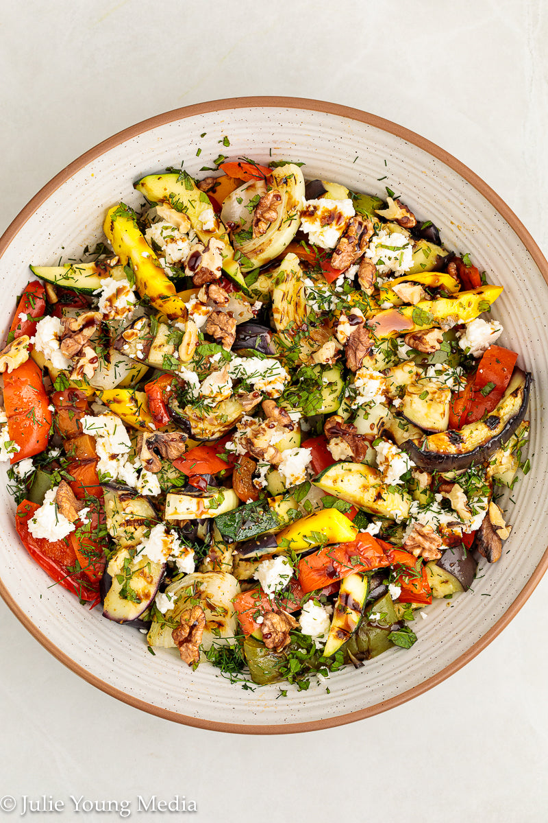 Charred Mediterranean Vegetables with Feta, Herbs, Walnuts & Pomegranate Molasses