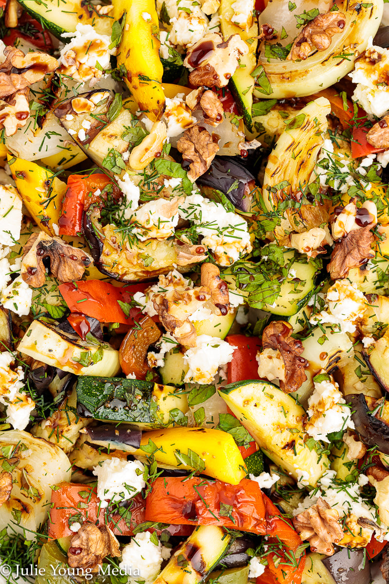 Charred Mediterranean Vegetables with Feta, Herbs, Walnuts & Pomegranate Molasses