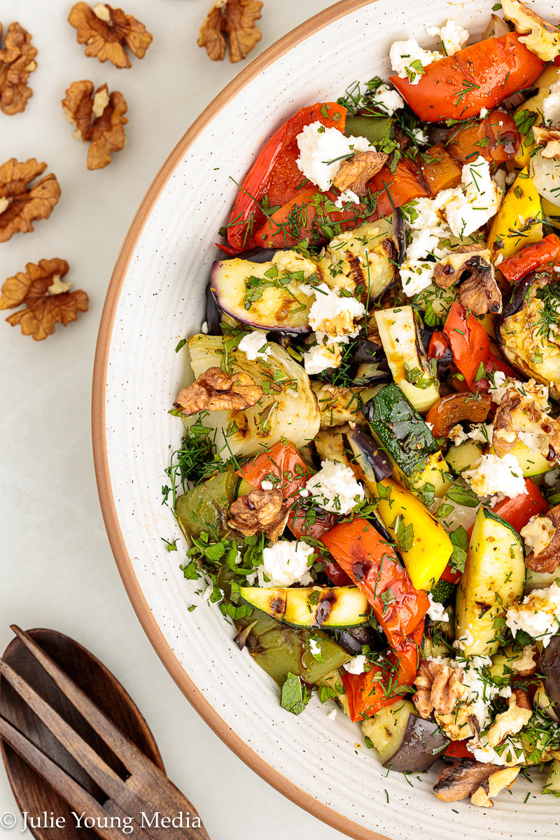 Charred Mediterranean Vegetables with Feta, Herbs, Walnuts & Pomegranate Molasses