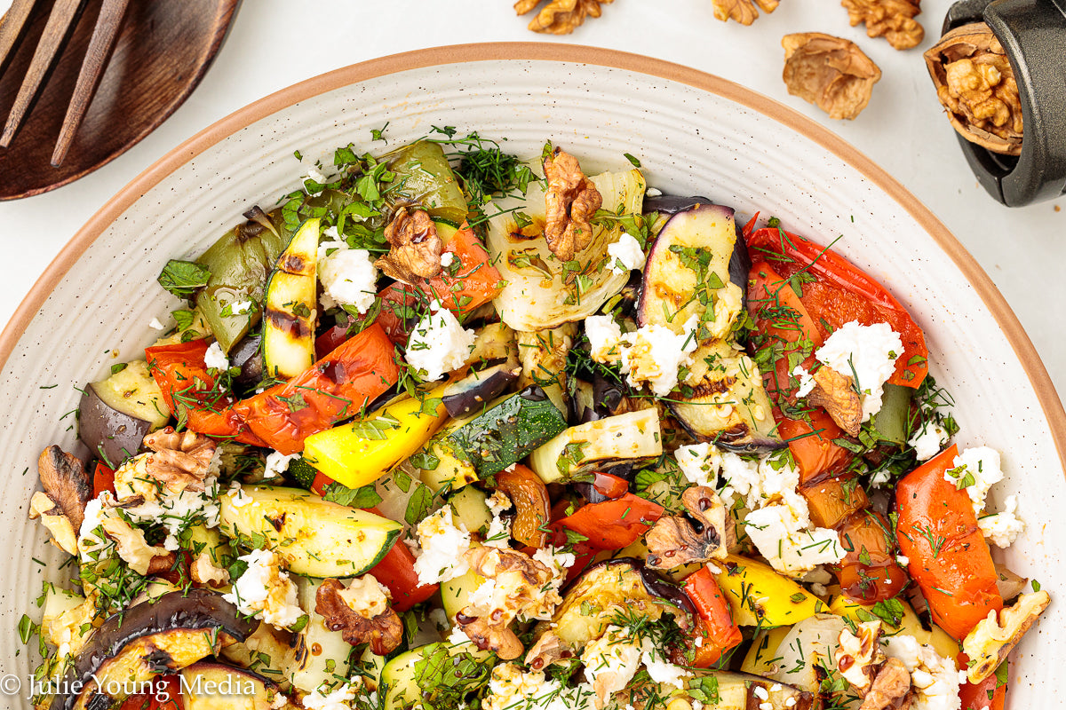 Charred Mediterranean Vegetables with Feta, Herbs, Walnuts & Pomegranate Molasses
