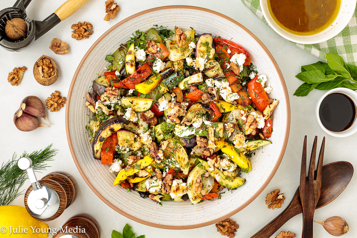Charred Mediterranean Vegetables with Feta, Herbs, Walnuts & Pomegranate Molasses