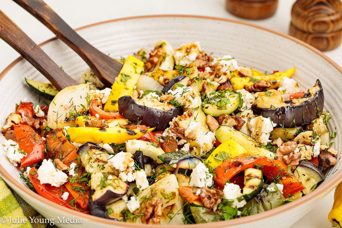 Charred Mediterranean Vegetables with Feta, Herbs, Walnuts & Pomegranate Molasses