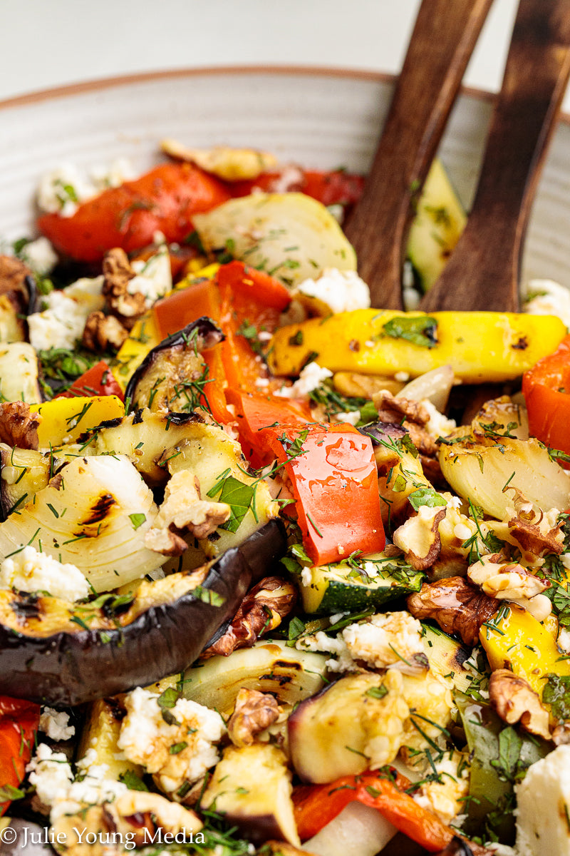 Charred Mediterranean Vegetables with Feta, Herbs, Walnuts & Pomegranate Molasses