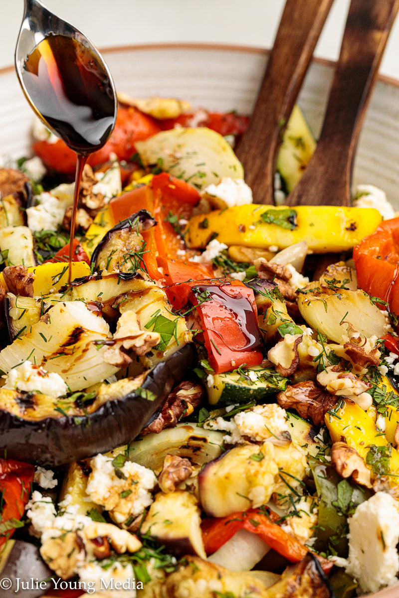 Charred Mediterranean Vegetables with Feta, Herbs, Walnuts & Pomegranate Molasses