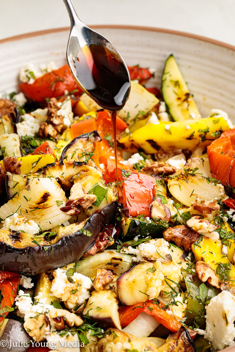 Charred Mediterranean Vegetables with Feta, Herbs, Walnuts & Pomegranate Molasses